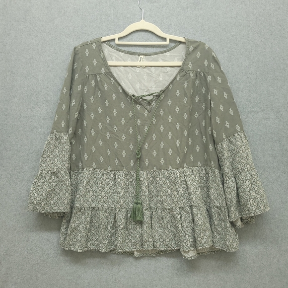 Mudd Olive Green Lace Up Peasant Blouse Sz M - Picture 1 of 6